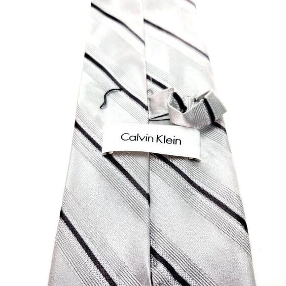 Calvin Klein Silk Tie Woven Silver Striped - Picture 3 of 6